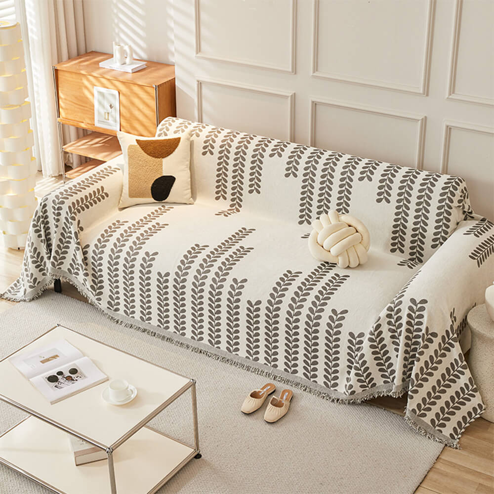 Sofa Cover with Leaf Patterns and Fringes – Elegance and Comfort