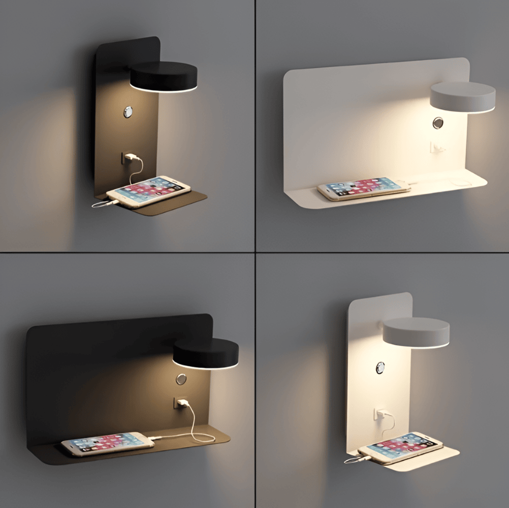 Lampa ścienna LED z półką i portem USB - nowoczesny design i funkcja 2 w 1