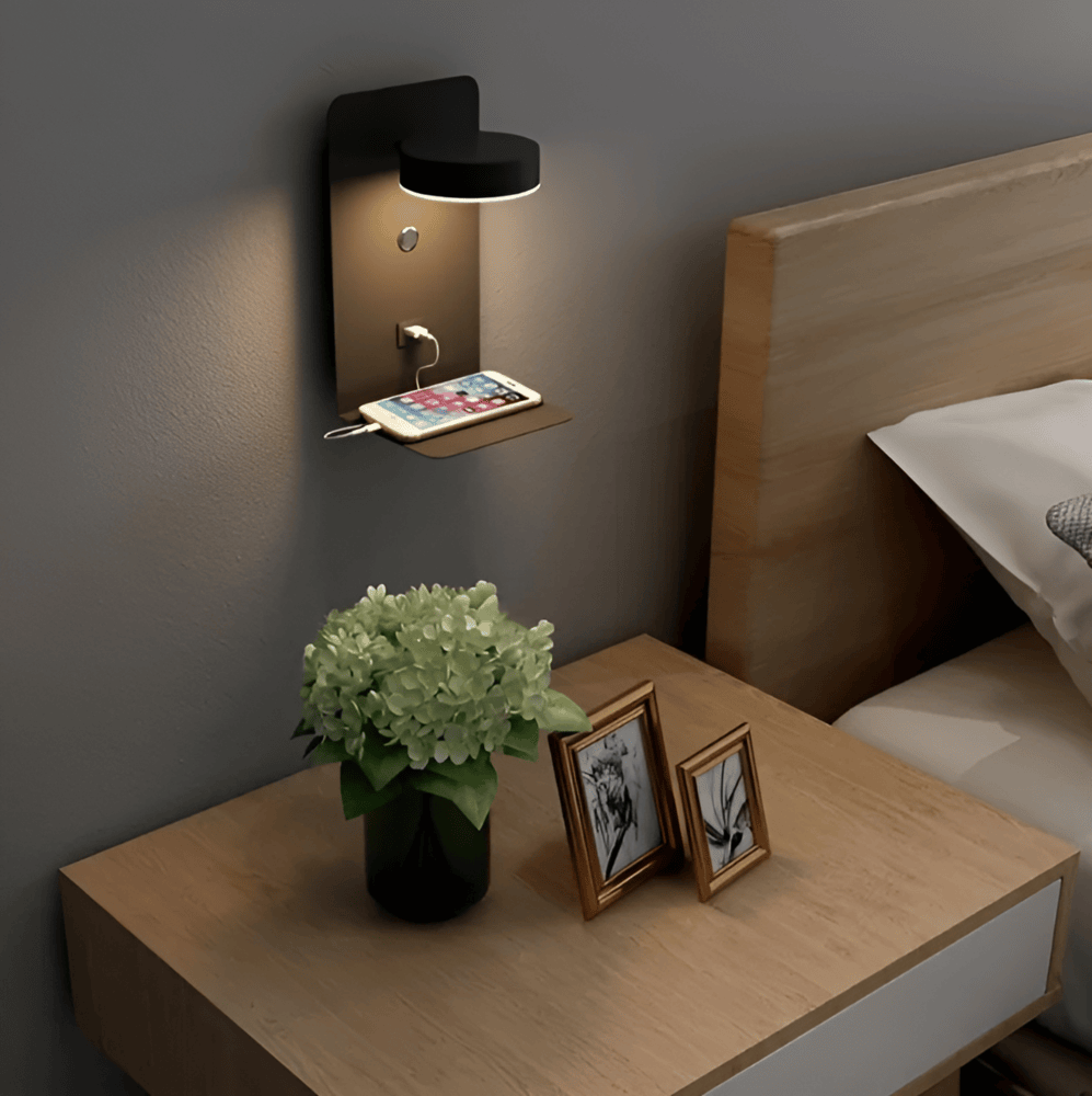 Lampa ścienna LED z półką i portem USB - nowoczesny design i funkcja 2 w 1
